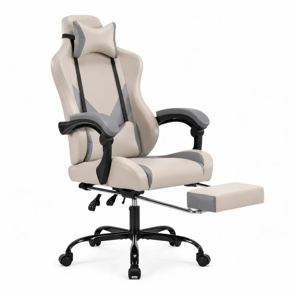 Sedia da ufficio reclinabile in pelle sintetica Beige/Grigio con poggiapiedi