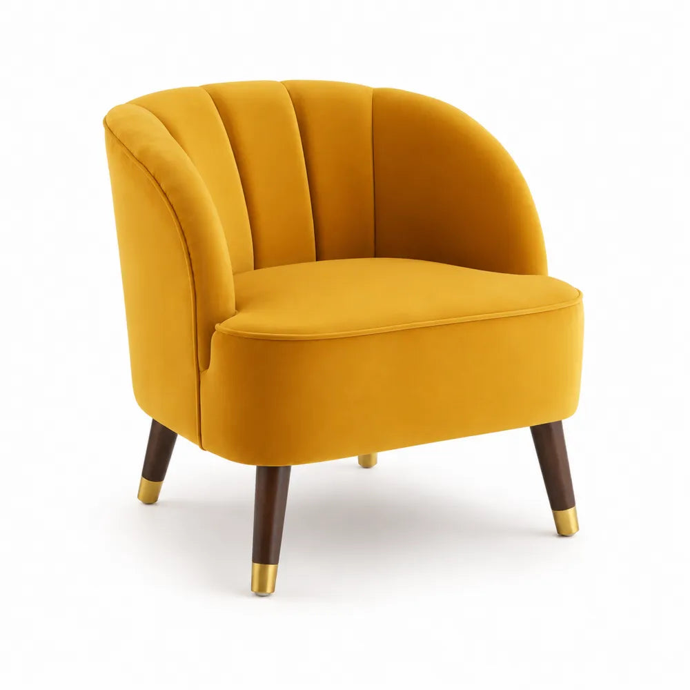 Poltrona in Velluto Giallo con Gambe in Legno