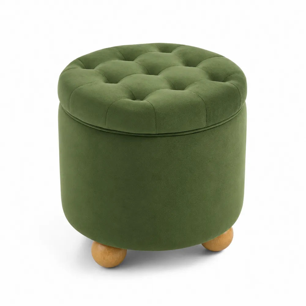 Poggiapiedi rotondo in velluto verde con gambe in legno