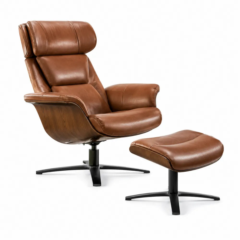 Poltrona Recliner in Pelle Marrone con Poggiapiedi e Base in Metallo