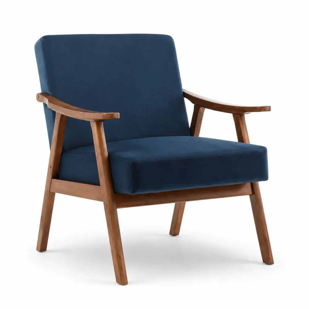 Poltrona in velluto blu e legno di teak