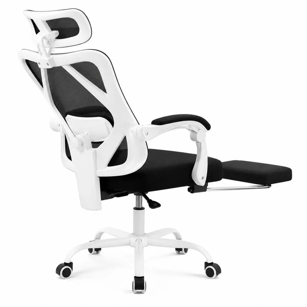 Sedia ergonomica bianca e nera in plastica e rete con poggiapiedi
