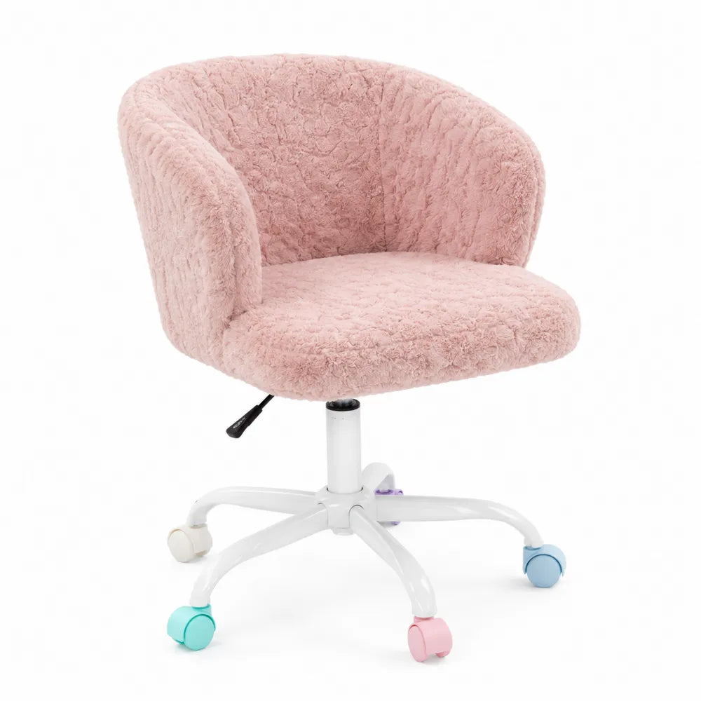 Sedia girevole rosa con rivestimento in peluche e base in metallo