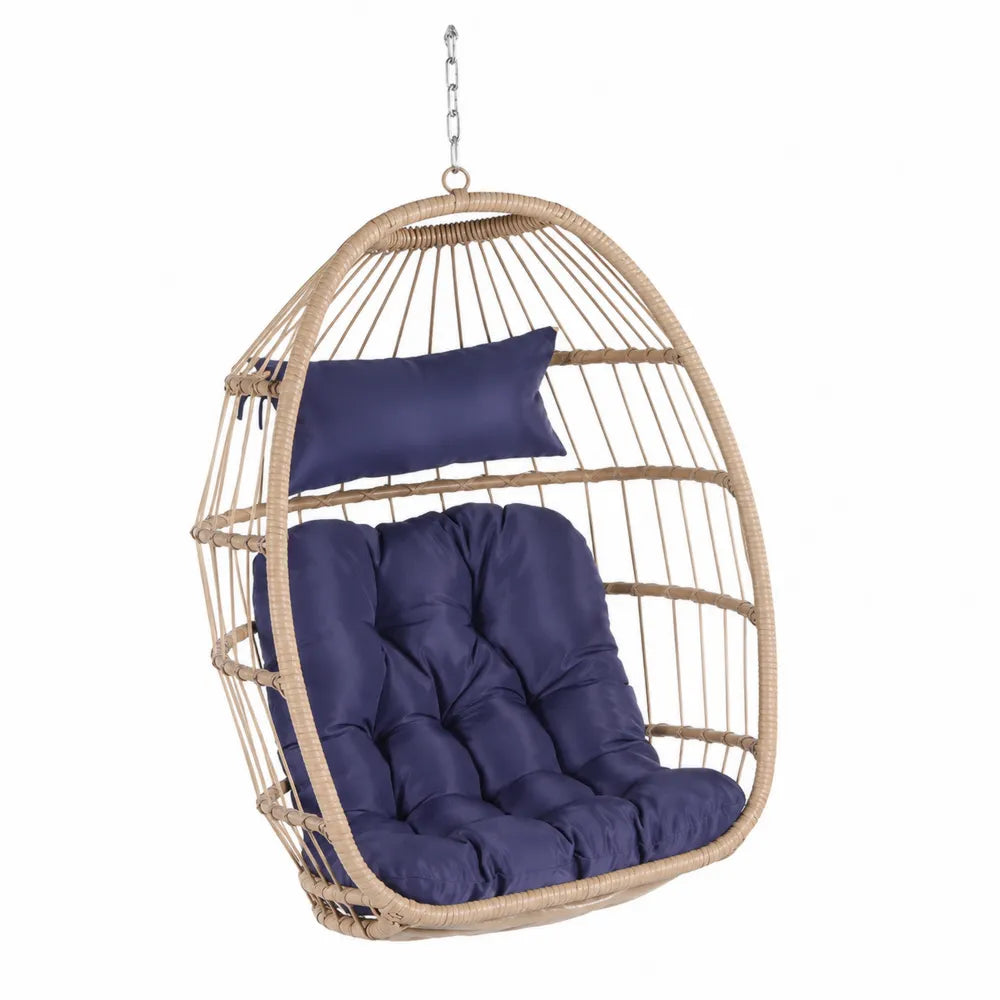 Sedia Sospesa in Rattan Sintetico con Cuscini Poliestere Blu